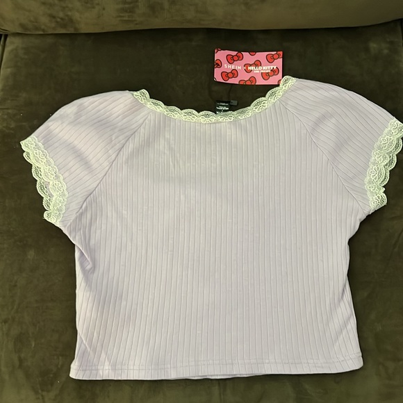New Hello Kitty Shein Lavender Lace Trim Crop Top Size XL - Picture 3 of 5